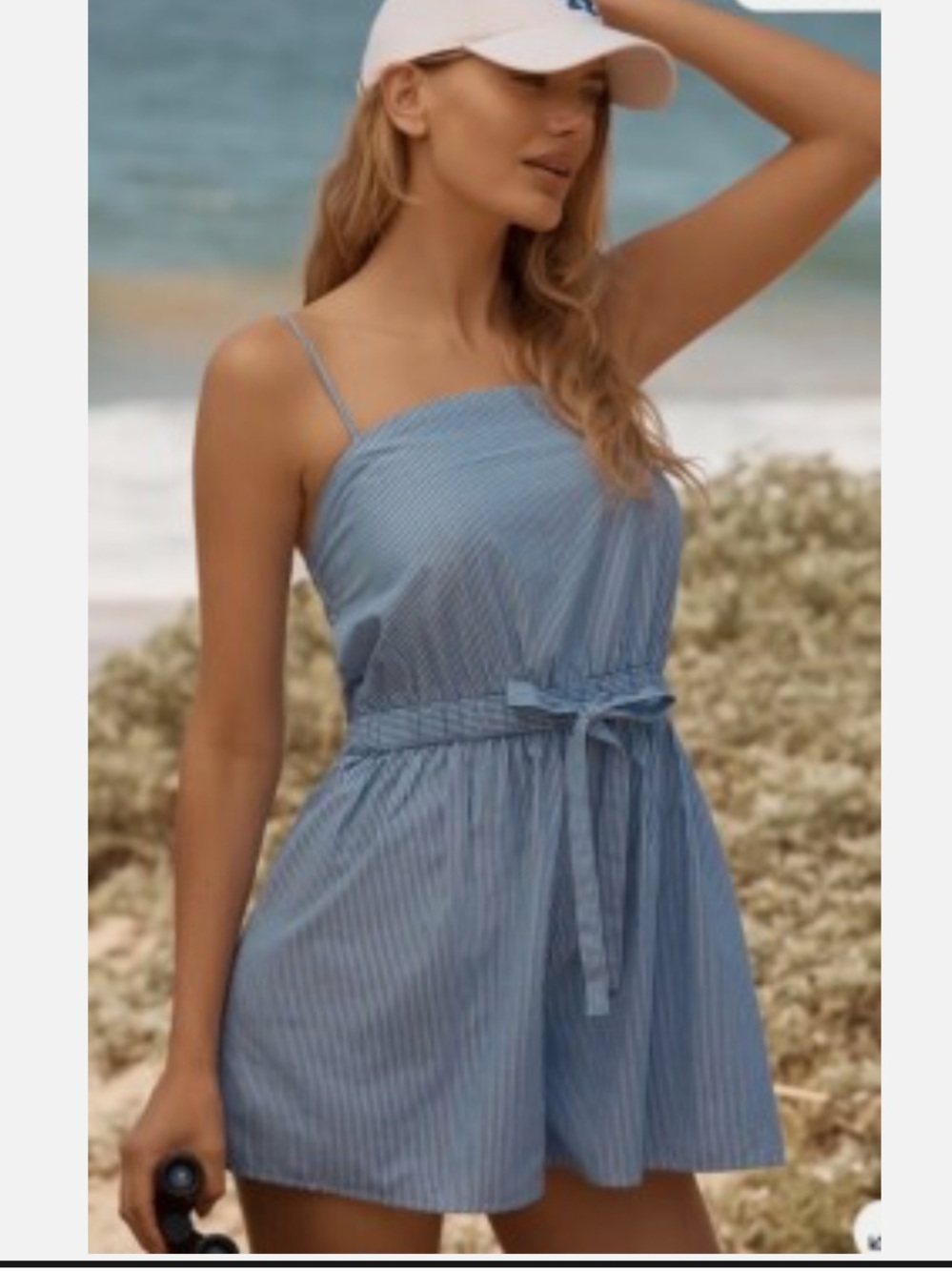 By Anthropology Blue Striped Strapless Romper with Waist Tie